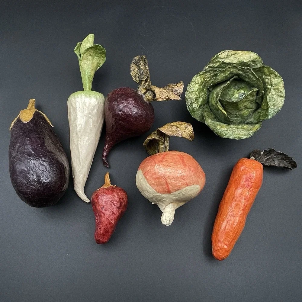 Vintage Paper Mache Vegetable Lot 7 Pc Eggplant Carrot Daikon Beet Cabbage Onion